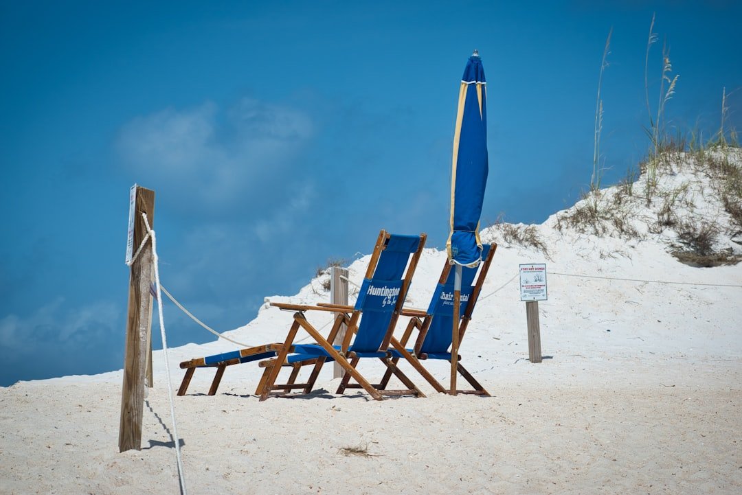 Beach chairs and umbrella on sandy shore