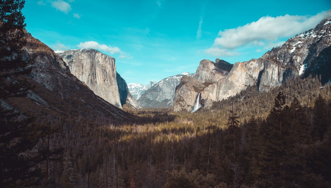 Yosemite Valley in spring with waterfall and granite cliffs viewed from near Oakhurst