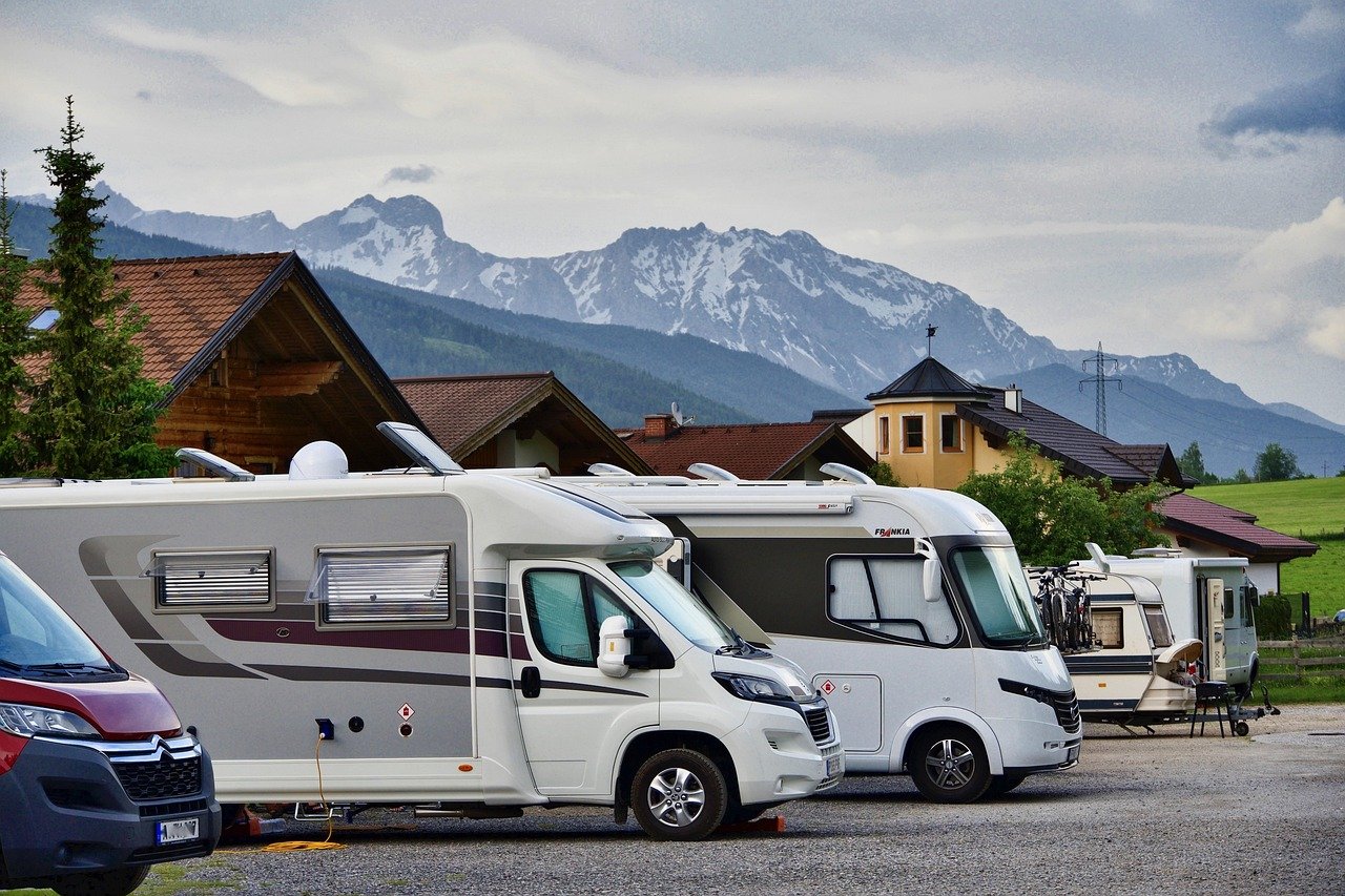 Campervan exterior parked in mountain landscape