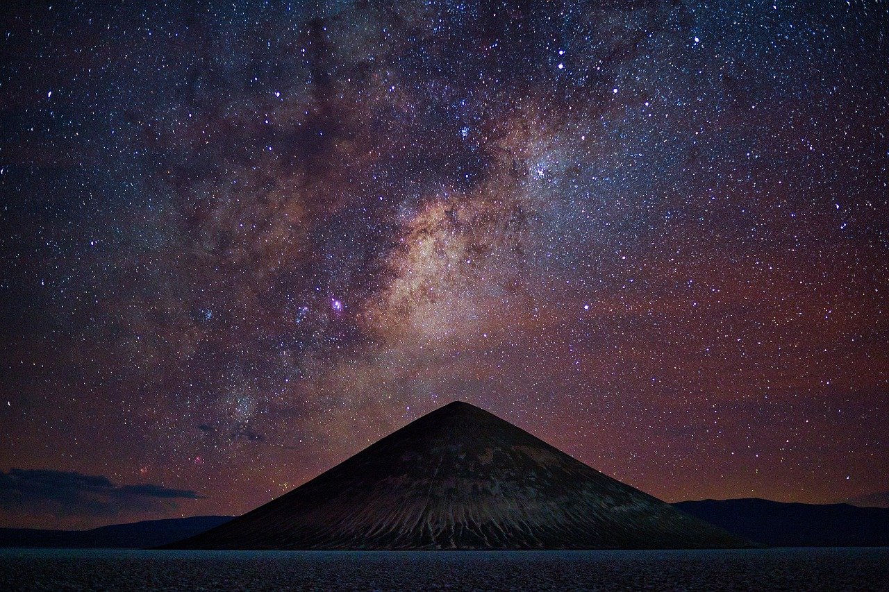 Milky Way over mountain peaks with starry night sky