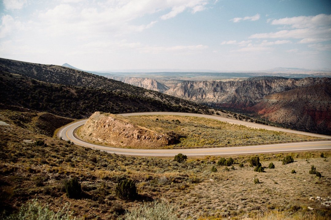 Switchback road winding up mountain slope on Beartooth Highway