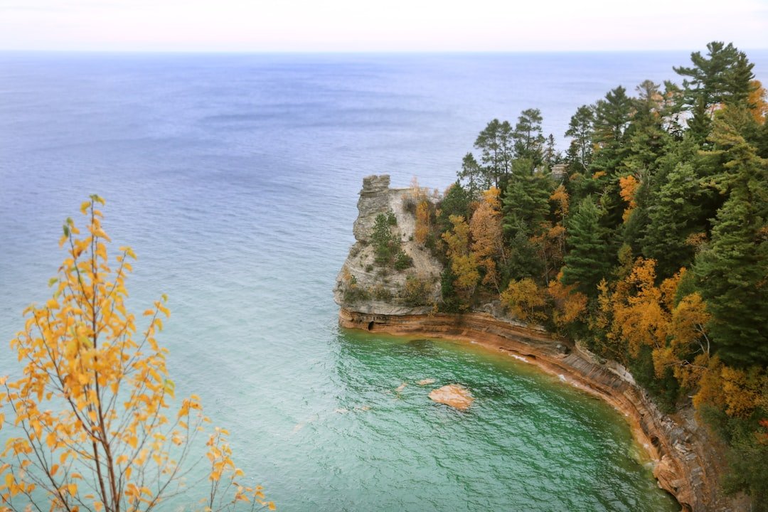 Colorful sandstone cliffs along Pictured Rocks National Lakeshore on Lake Superior