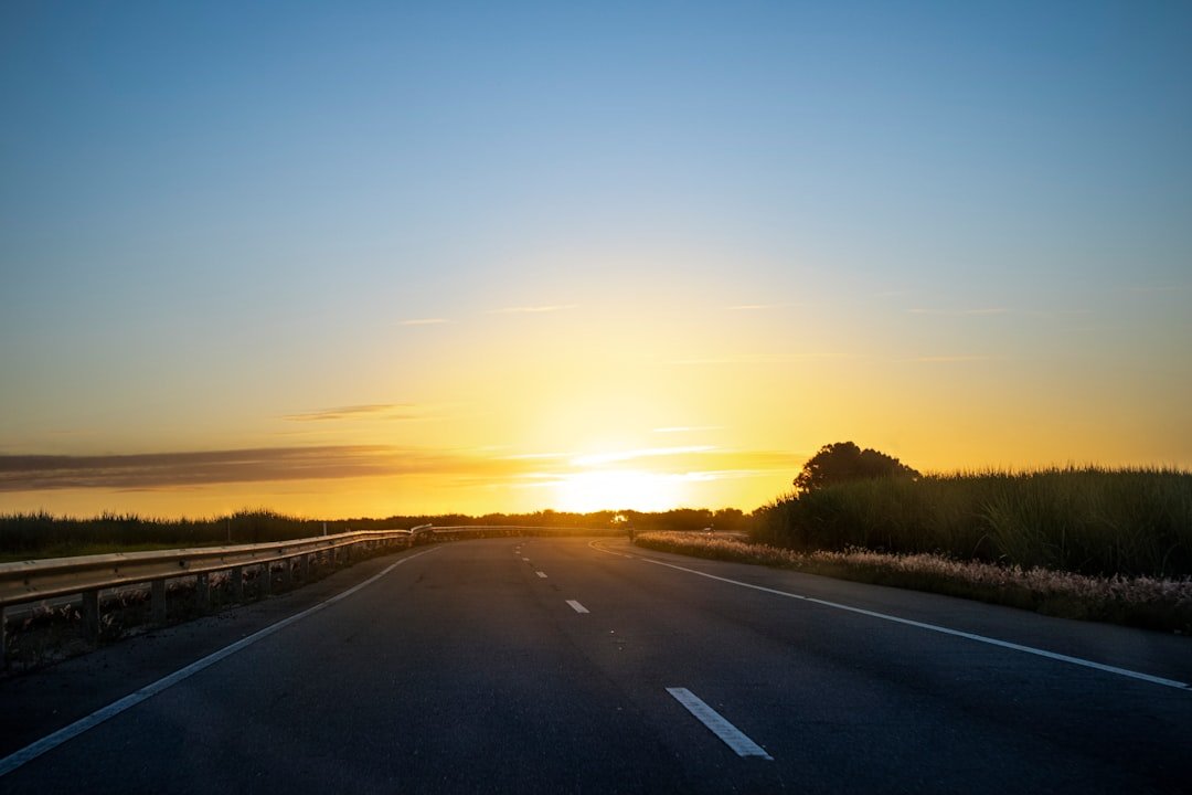 Road trip sunset on highway