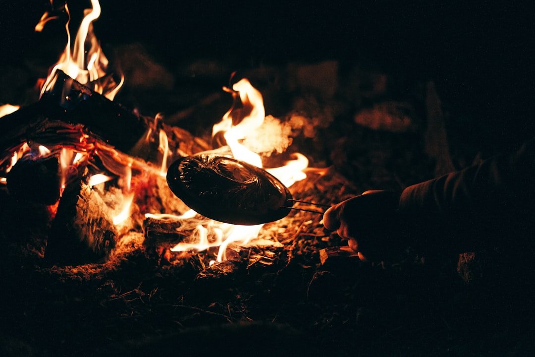 Outdoor camping cooking setup with food