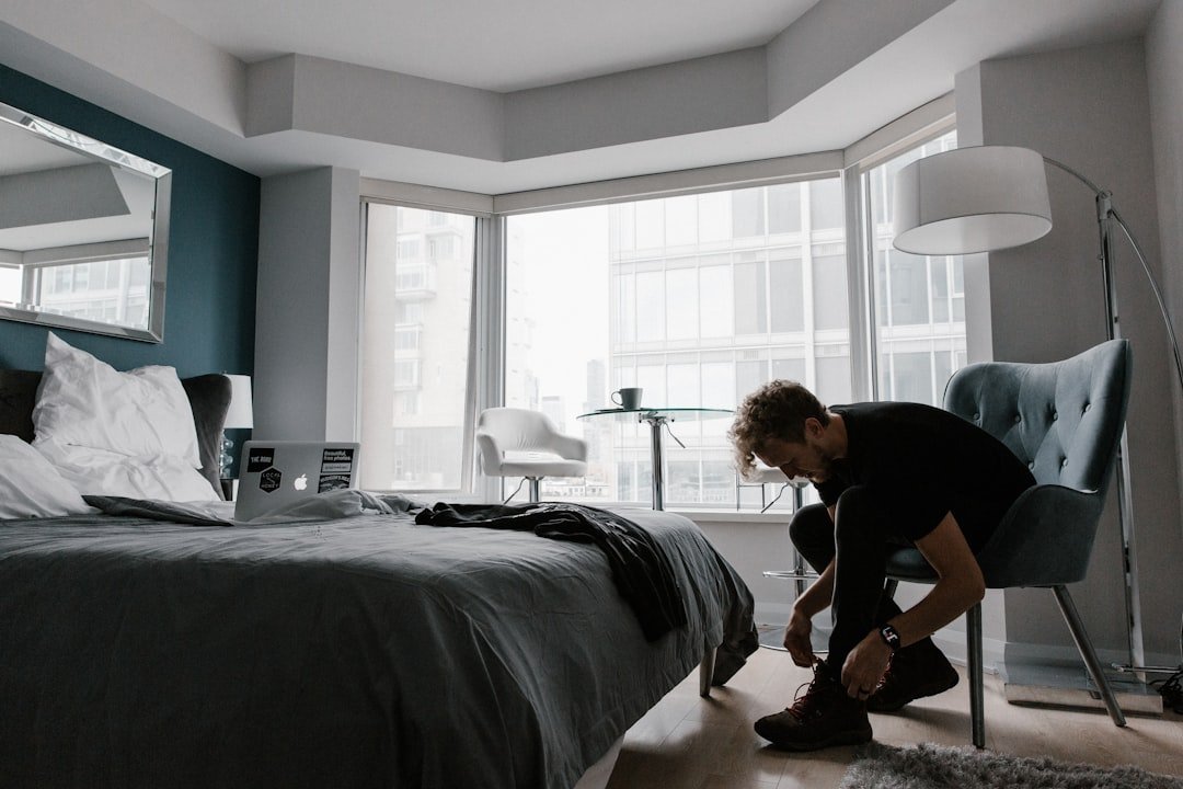 Gentle stretching in hotel room after a long flight
