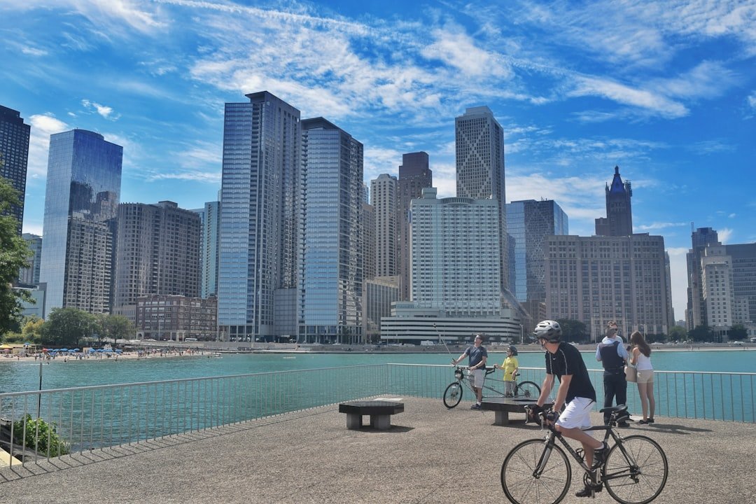 Chicago lakefront trail with biking and skyline