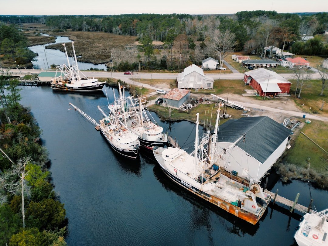 North Carolina coastal harbor town with boats and waterfront buildings