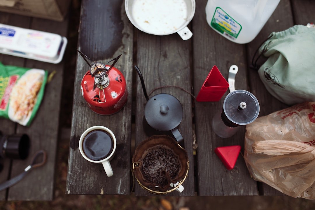 Camping coffee gear and equipment setup