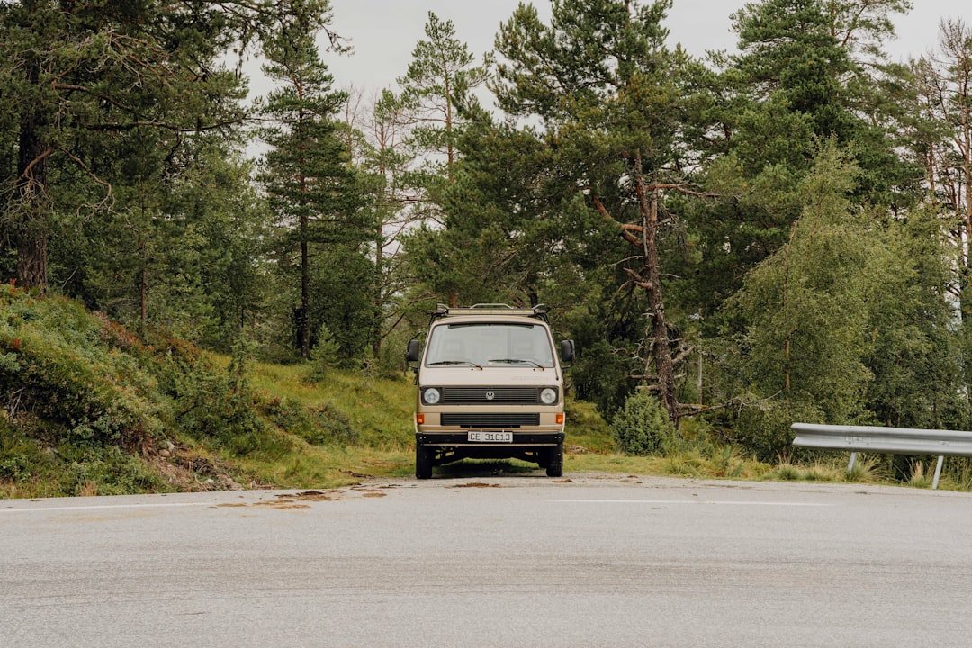 Campervan driving on scenic desert highway at golden hour