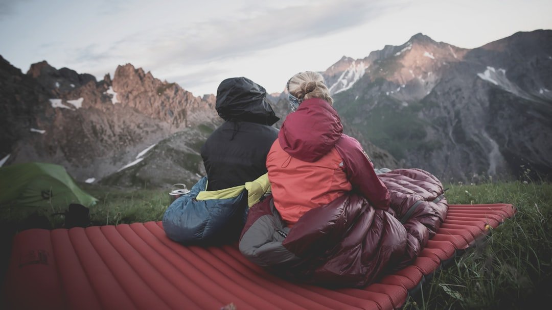 Sleeping bag in mountain camping setting