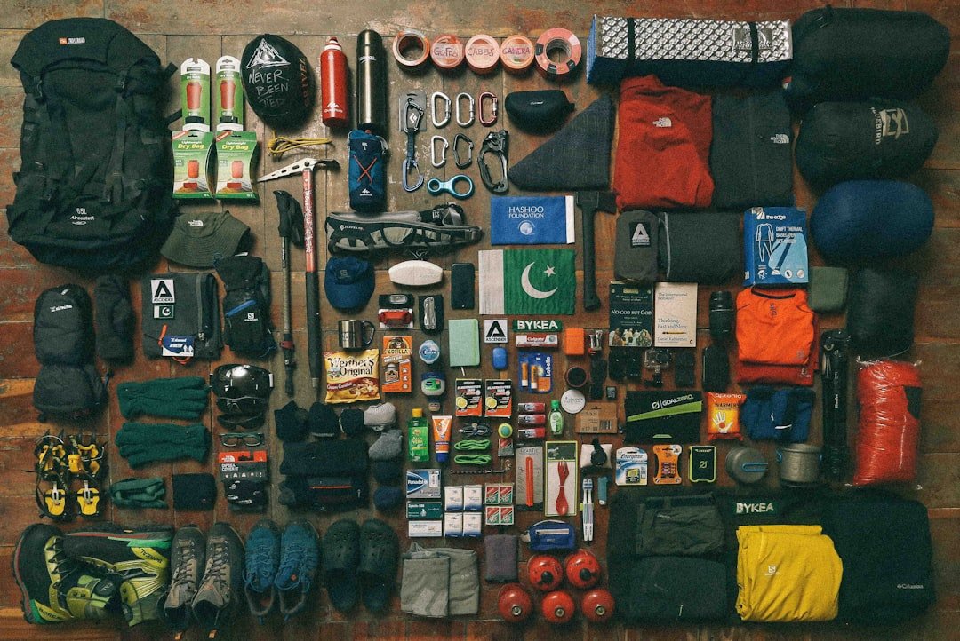 Organized backpacking gear at camp
