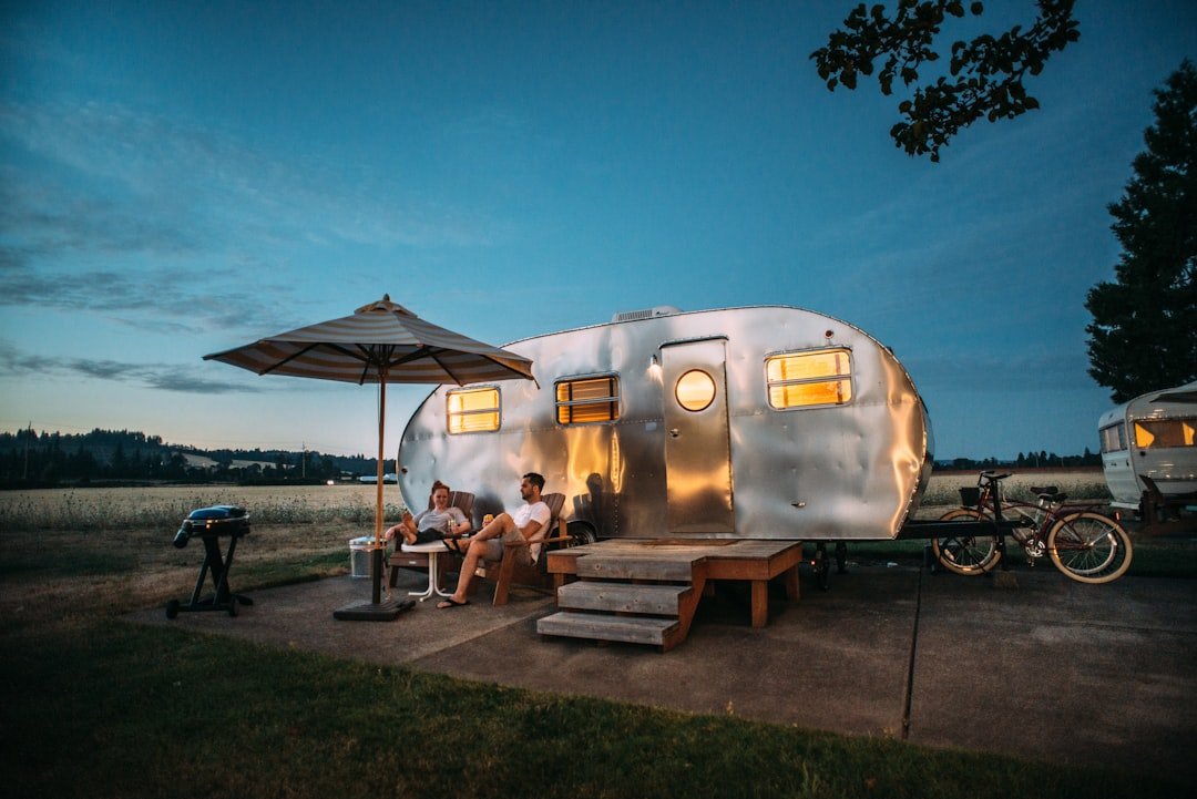 RV camper van parked at scenic campsite