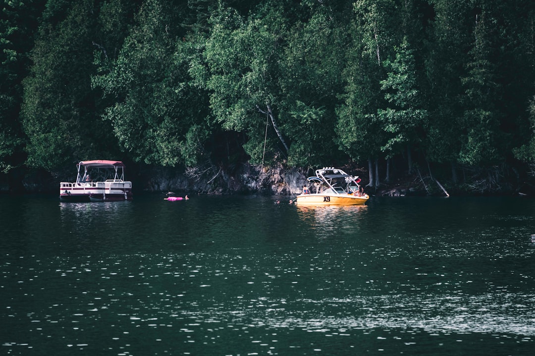 Motor boat cruising across a vast wilderness lake surrounded by pine forests