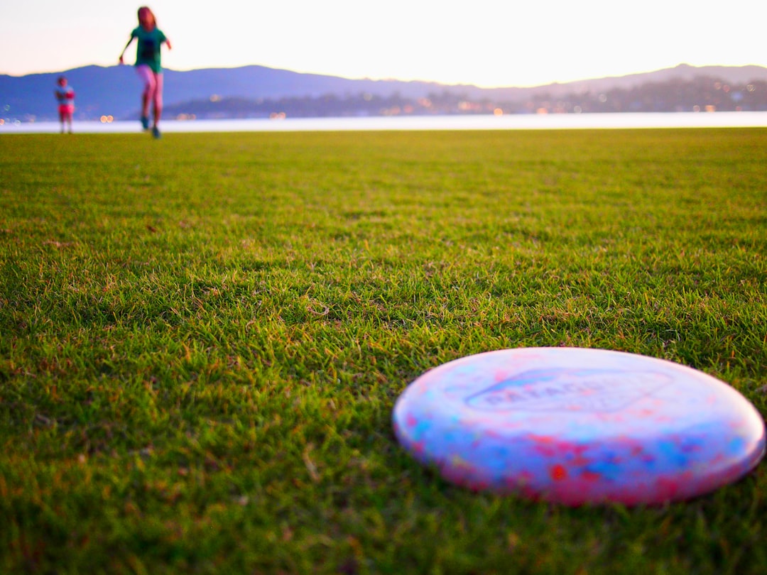 Kids playing frisbee at a park during sunset, staying active on a road trip