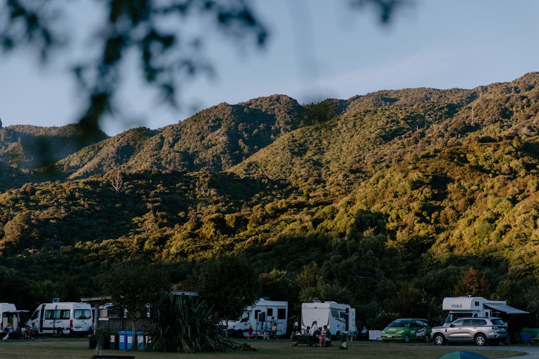 Campervan parked in a mountain forest clearing