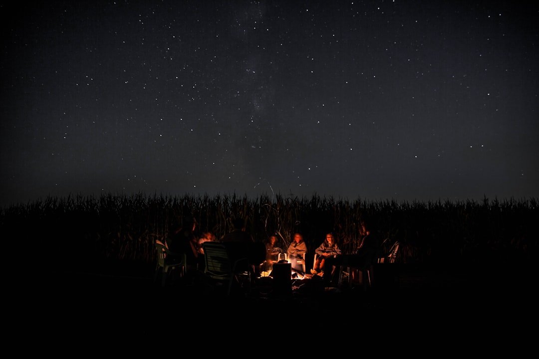 Campfire glowing under stars at night