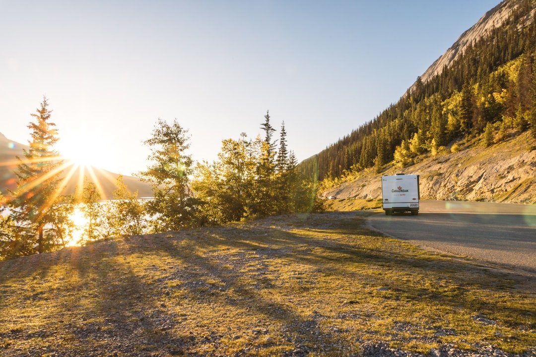 Campervan driving on scenic mountain road