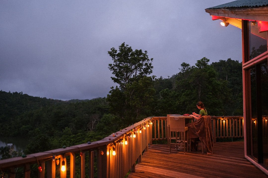 Cabin porch with rocking chairs at evening