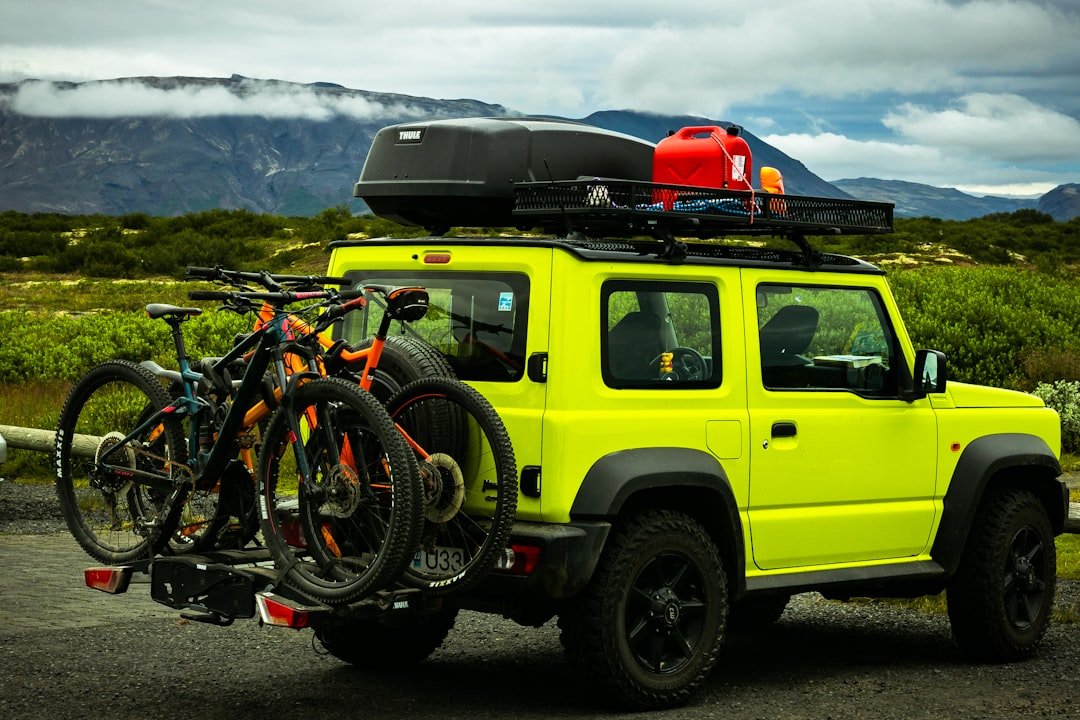 SUV with loaded cargo rack on a road trip