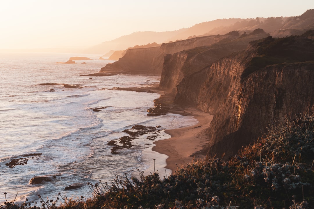 Golden hour light on rocky coastline