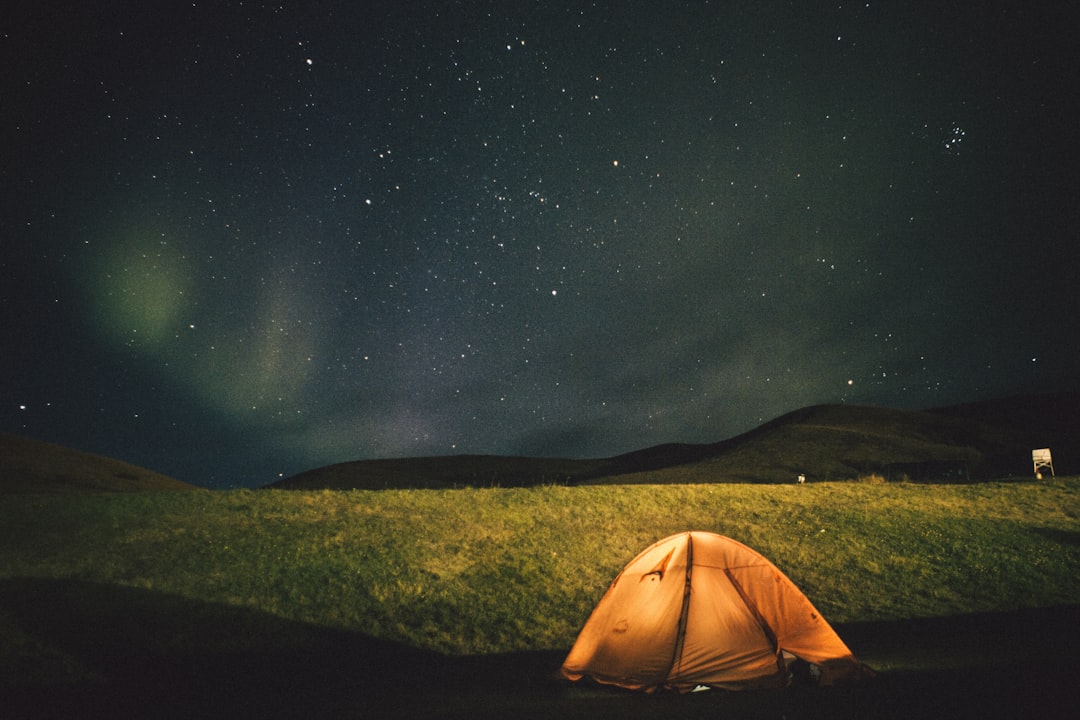 Camping tent set up in a forest clearing with mountain peaks in the background