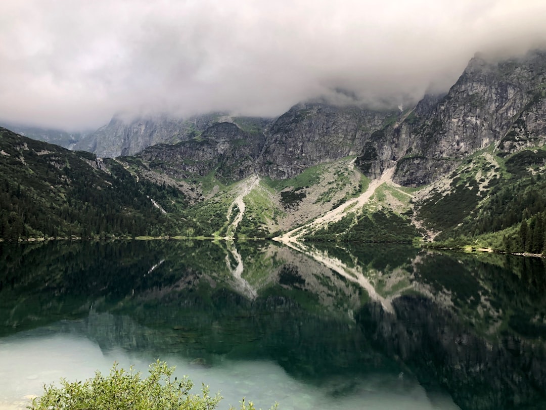 Alpine lake reflecting surrounding mountain peaks