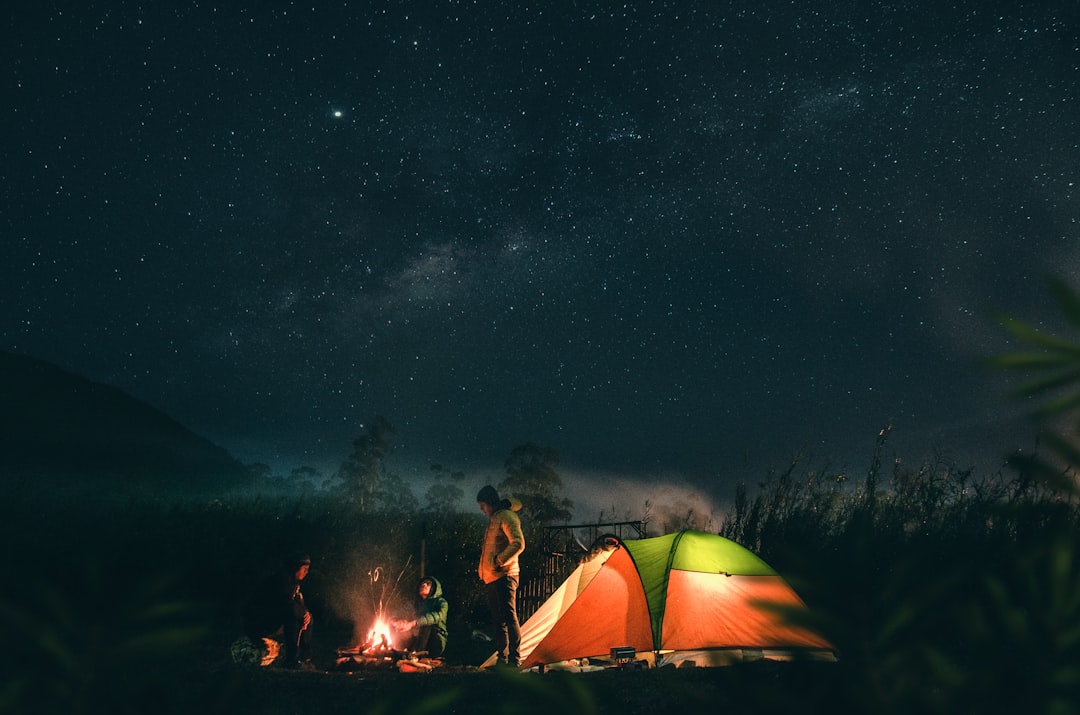 Camp chairs and fire under a starry night sky