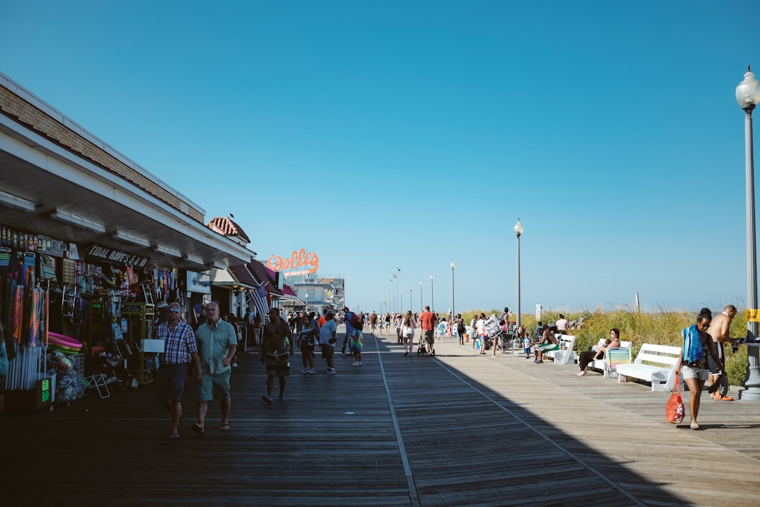 Quiet coastal boardwalk on a calm August morning