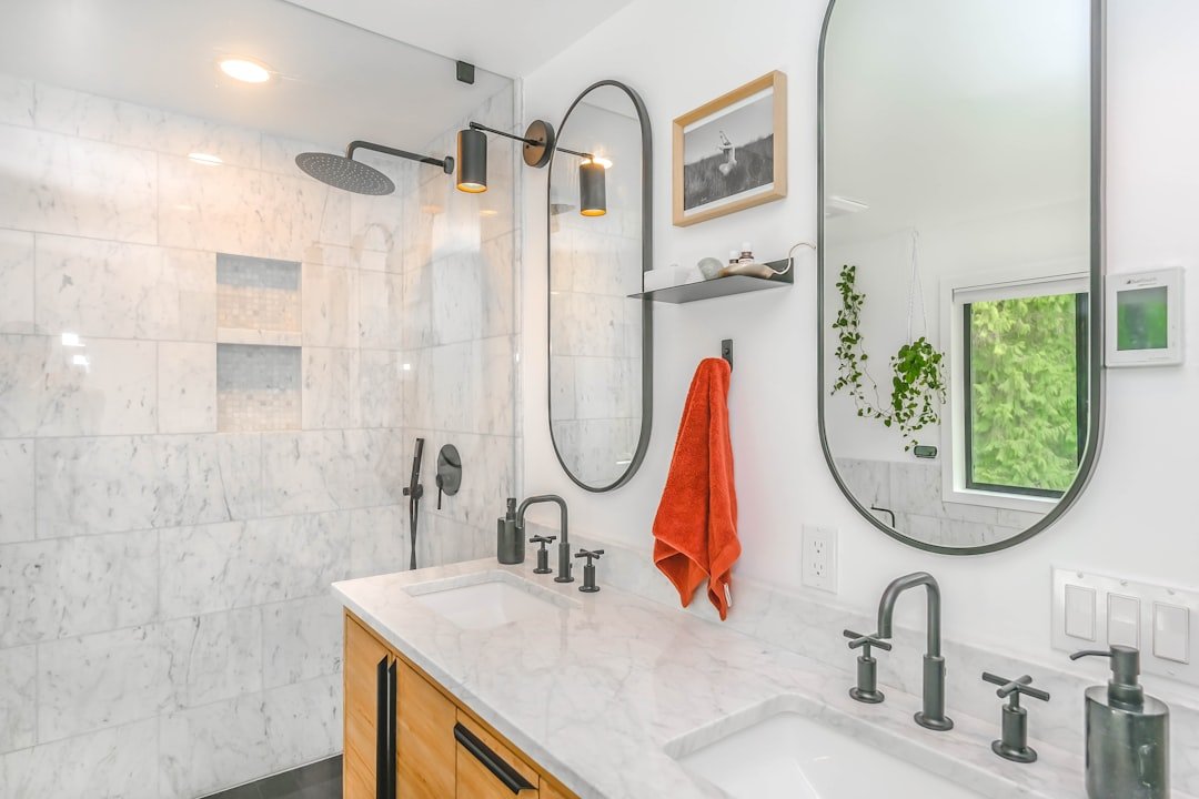 Clean RV bathroom interior with modern fixtures