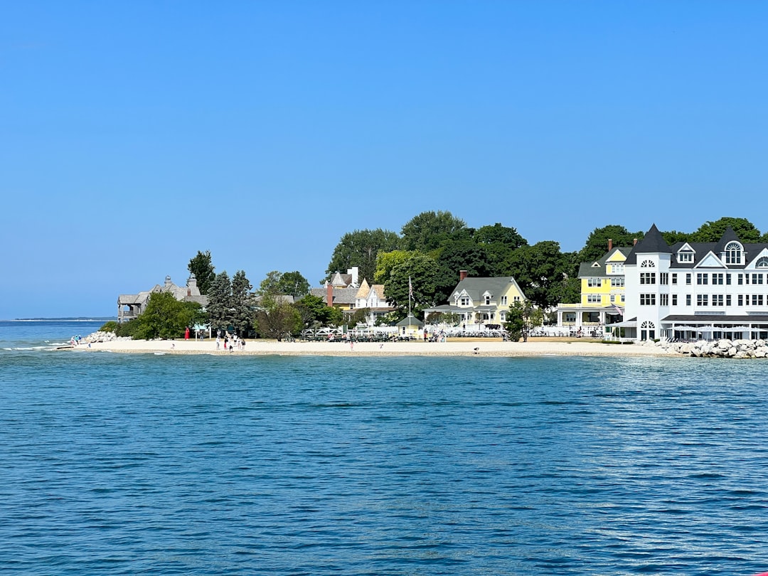 Mackinac Island waterfront with boats docked in the harbor