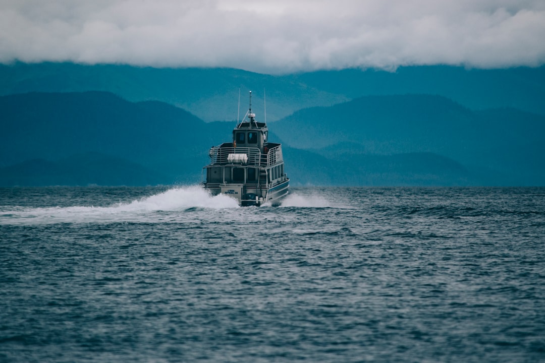 Tour boat on misty coastal waters with mountains in the background