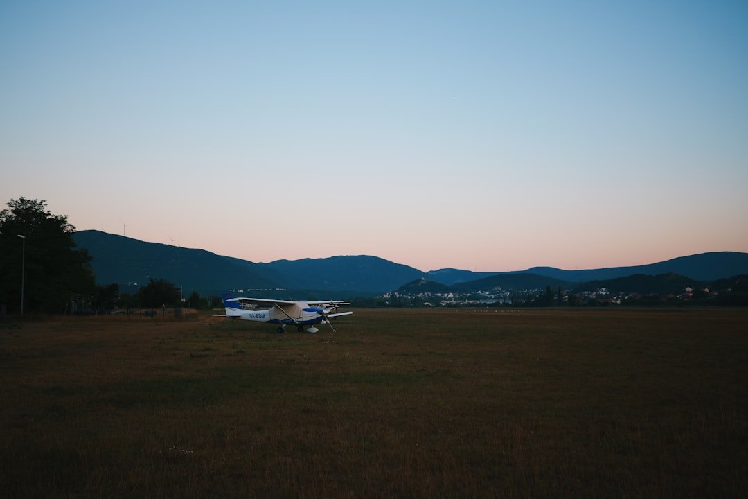 A small single-engine airplane parked on a grass strip at dusk