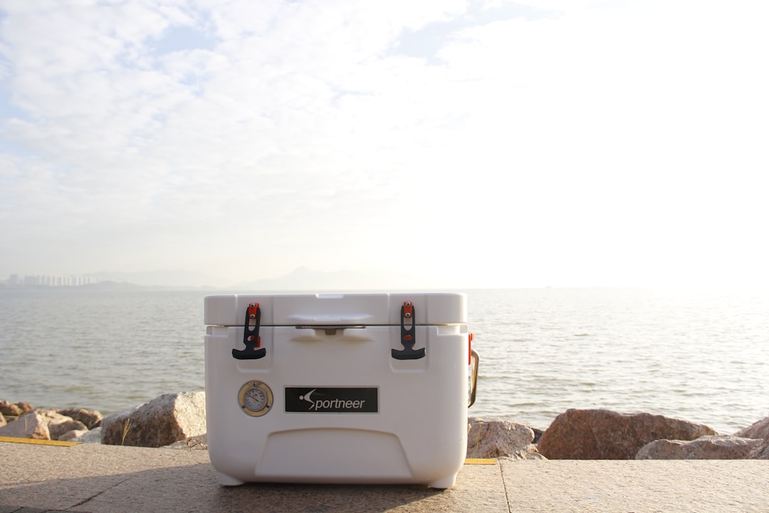 Insulated cooler and shaker bottles at a beach picnic setup