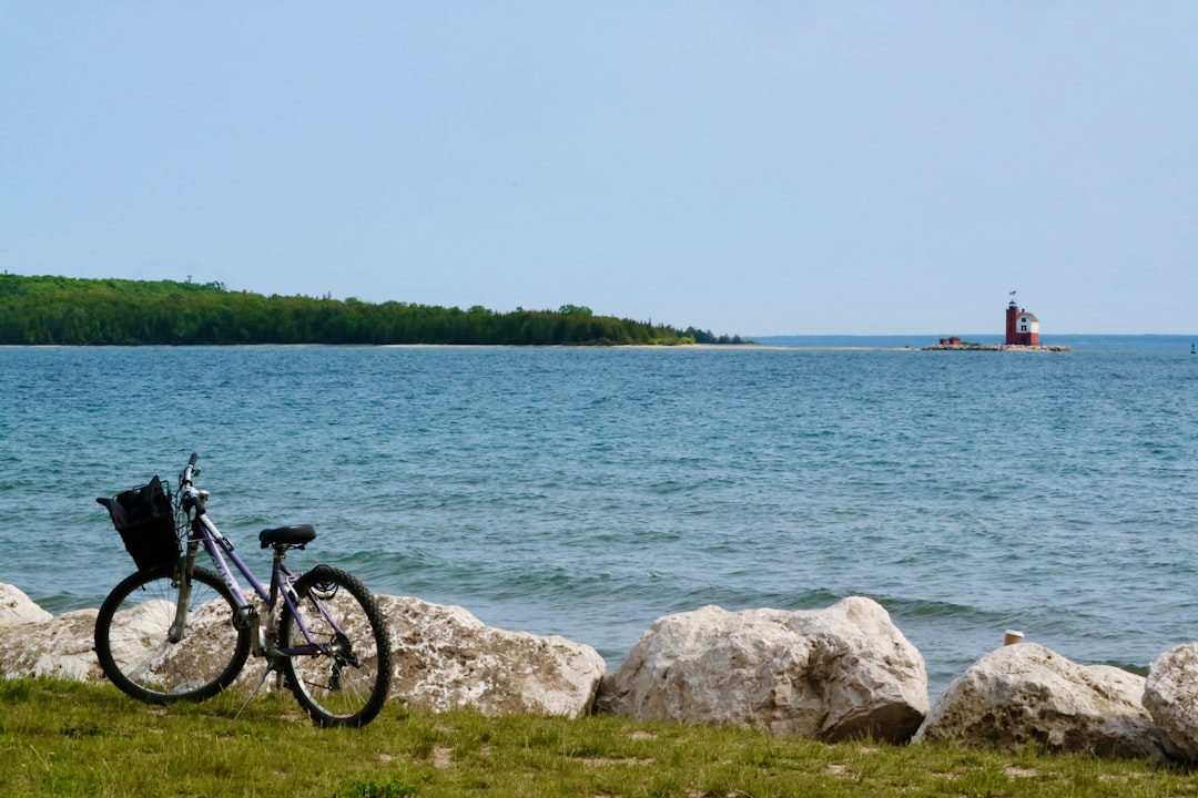 Bicycles parked along an island lake shore