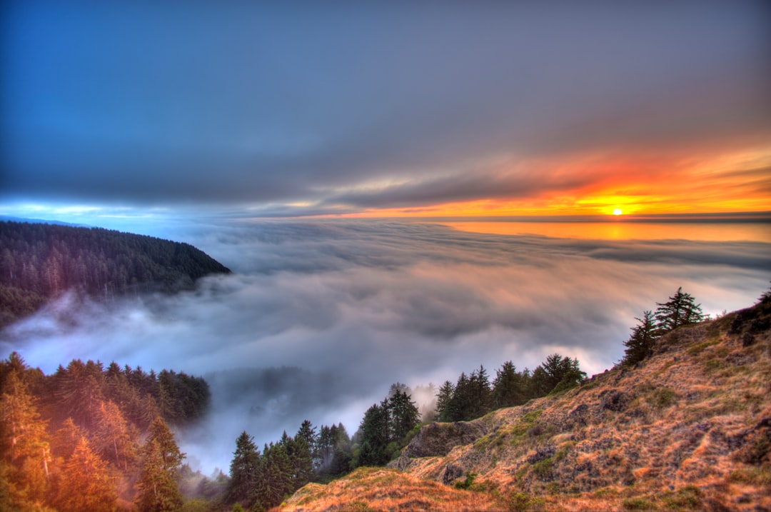 Hikers arriving at an overlook at sunrise