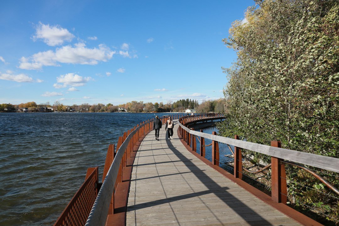 A lakeside walking path lined with autumn color