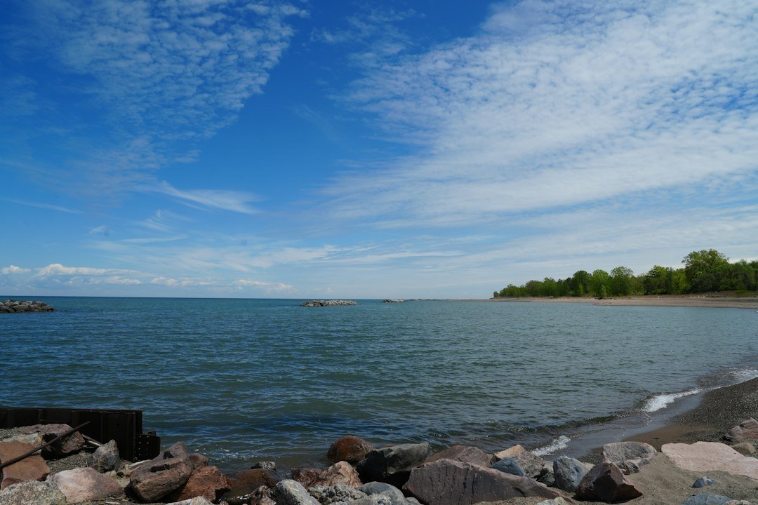 Rocky shoreline along Lake Michigan lined with cedar trees
