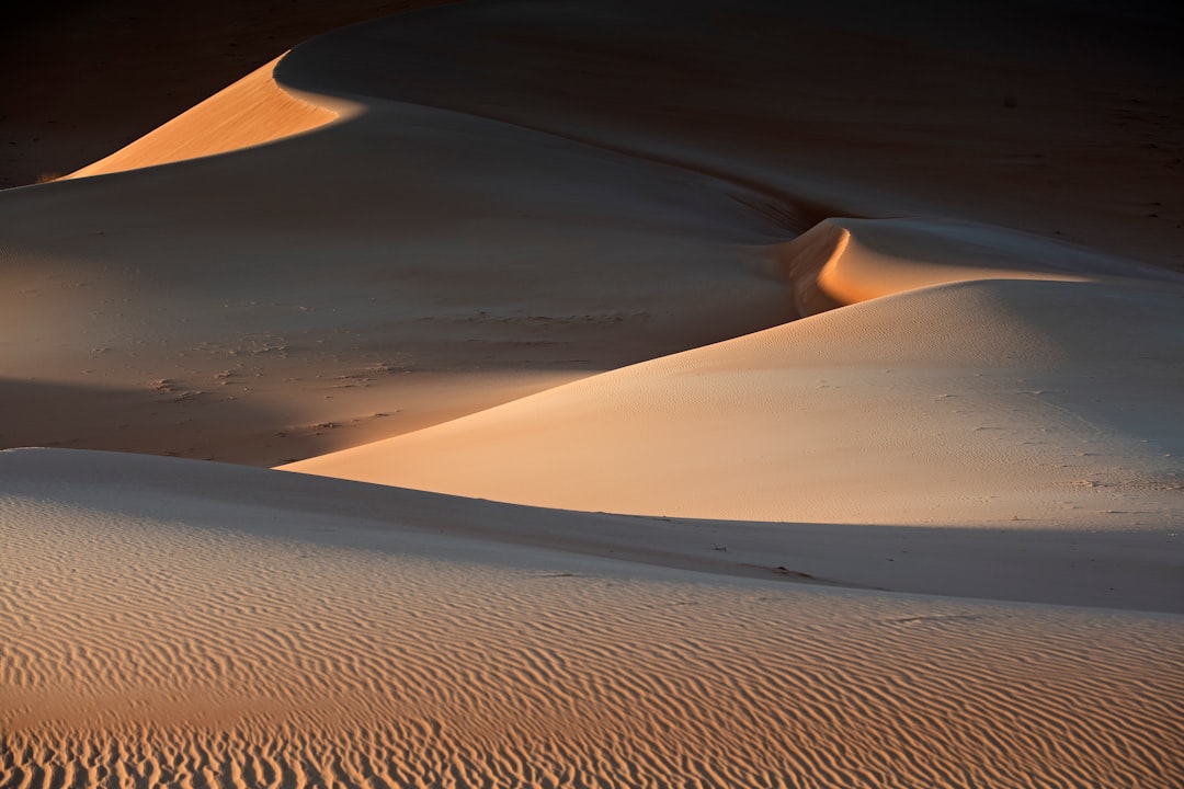 Wind-rippled sand dunes of Mesquite Flat glowing in warm evening light