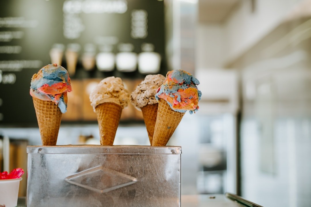 Colorful ice cream cones in a shop display