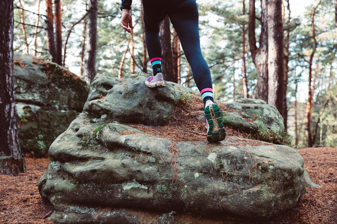Hiker's trail shoes and colorful socks stepping on a forest rock