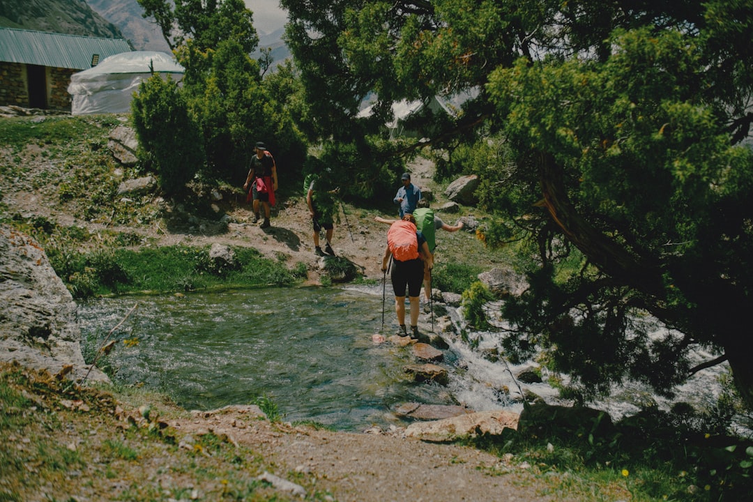 Hikers crossing a stream on rocks with trekking poles