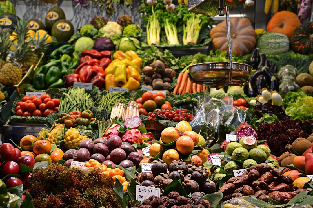 Colorful farmers market produce display with vegetables and fruit