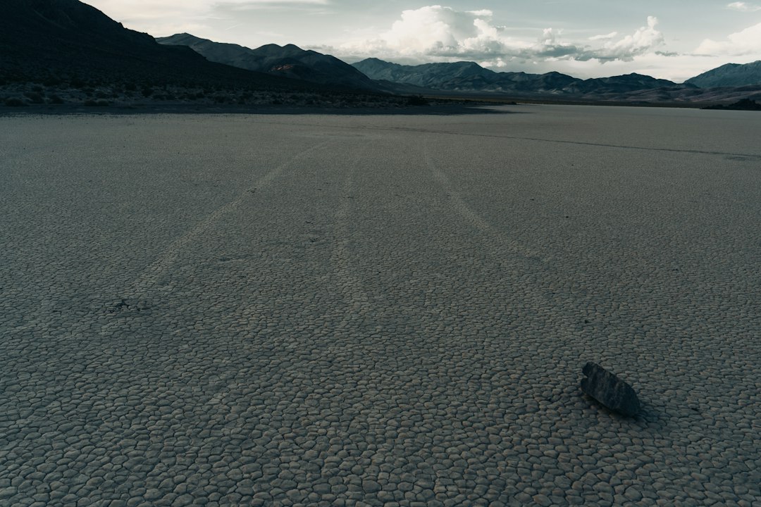 A dark sailing stone rests on the cracked clay surface of Racetrack Playa