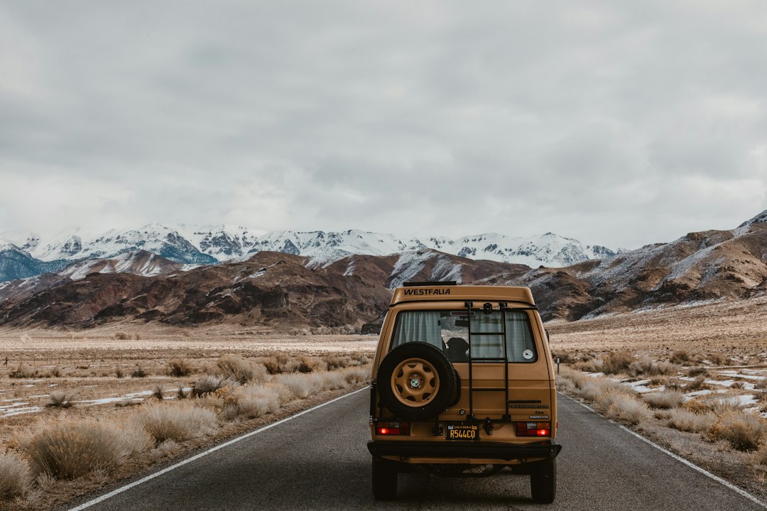 Van driving a remote road toward snow-capped mountains