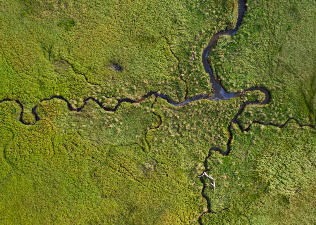 Aerial view of a winding marsh waterway in central Wisconsin