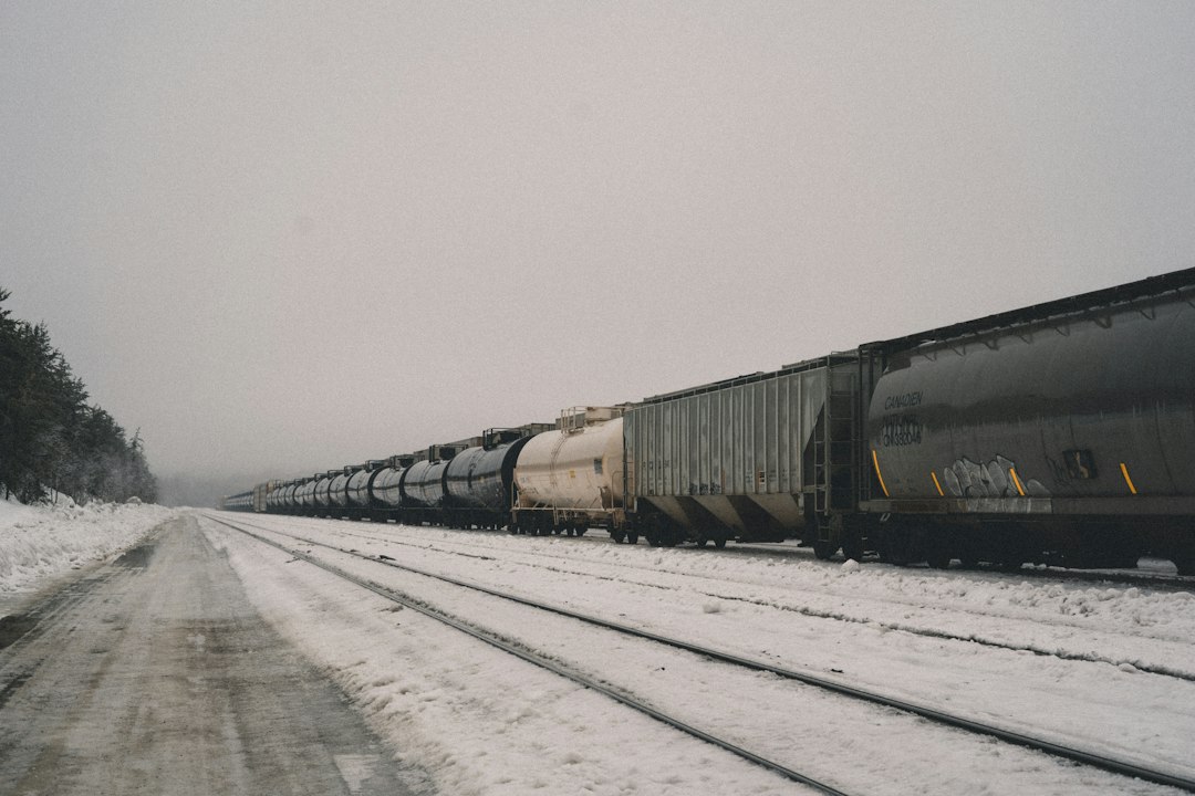 Long freight train crossing snowy tracks in a foggy winter landscape