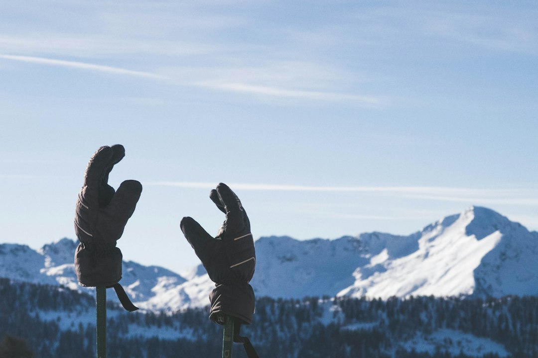 Heavy insulated winter mittens resting on ski poles