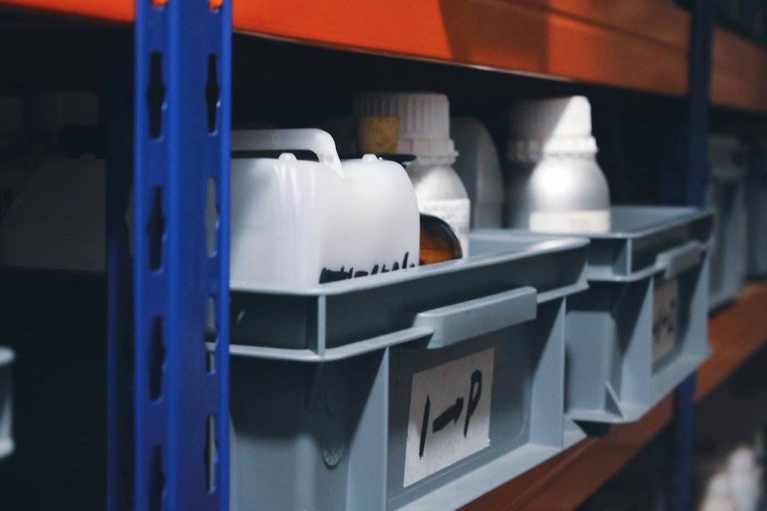 Labeled plastic storage bins organized on shelving