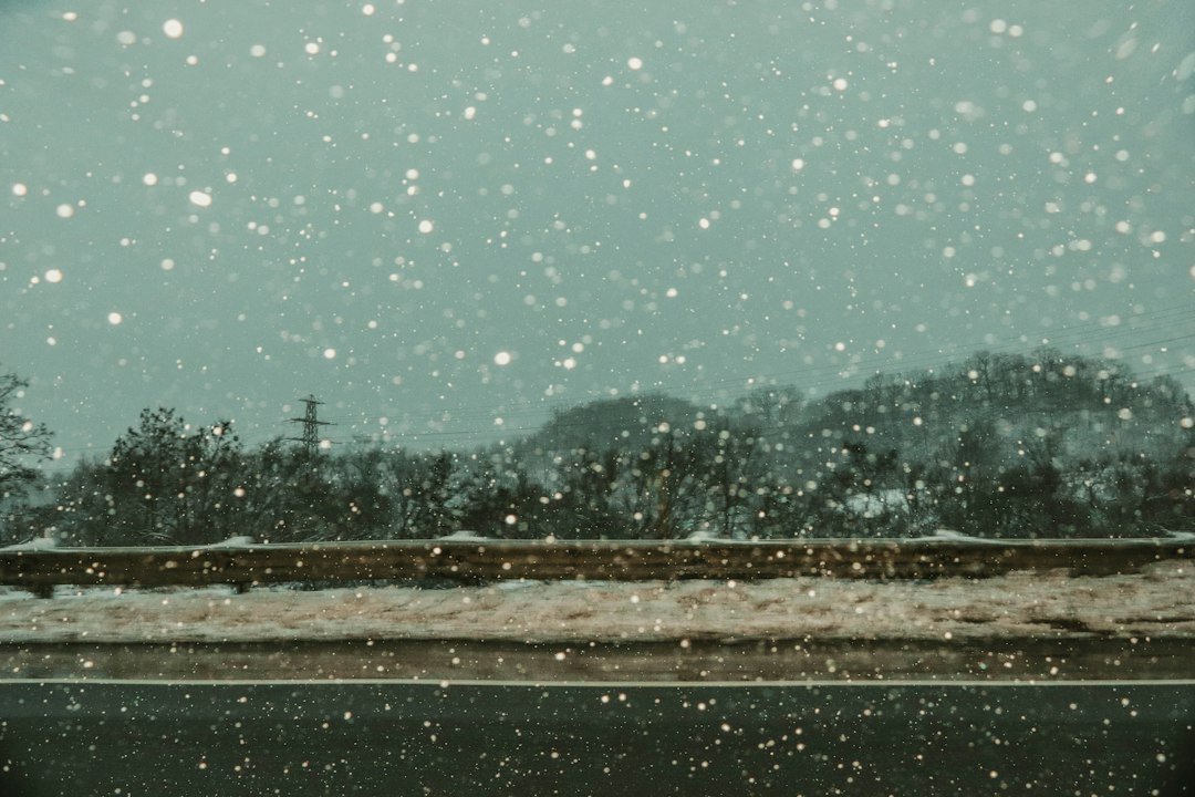 Snow falling on a rural road ahead of a windshield