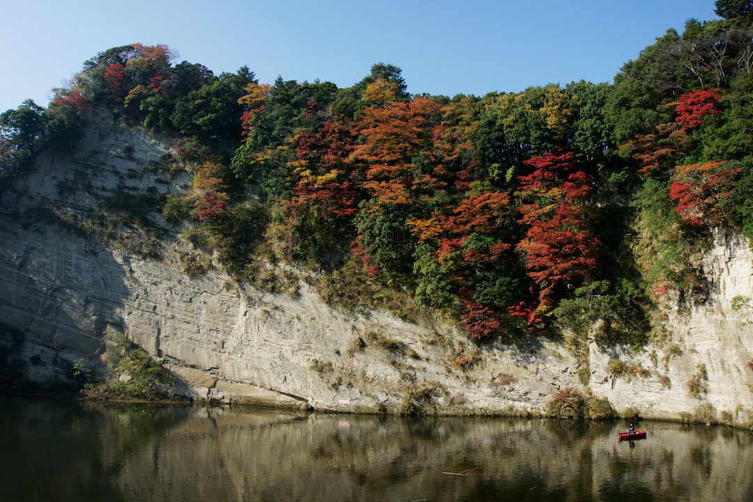 Red canoe on a calm river beneath colorful bluffs in autumn